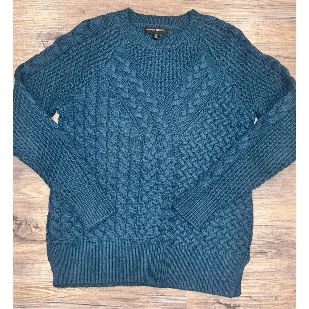 Banana Republic Cable Knit‎ Sweater Tunic Glen Green Merino Cotton Woman XS Cozy